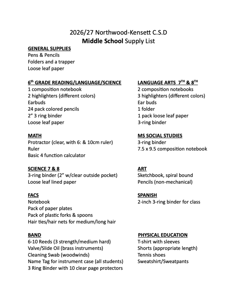 Northwood-Kensett - 2026-2027 School Supply List (MS)